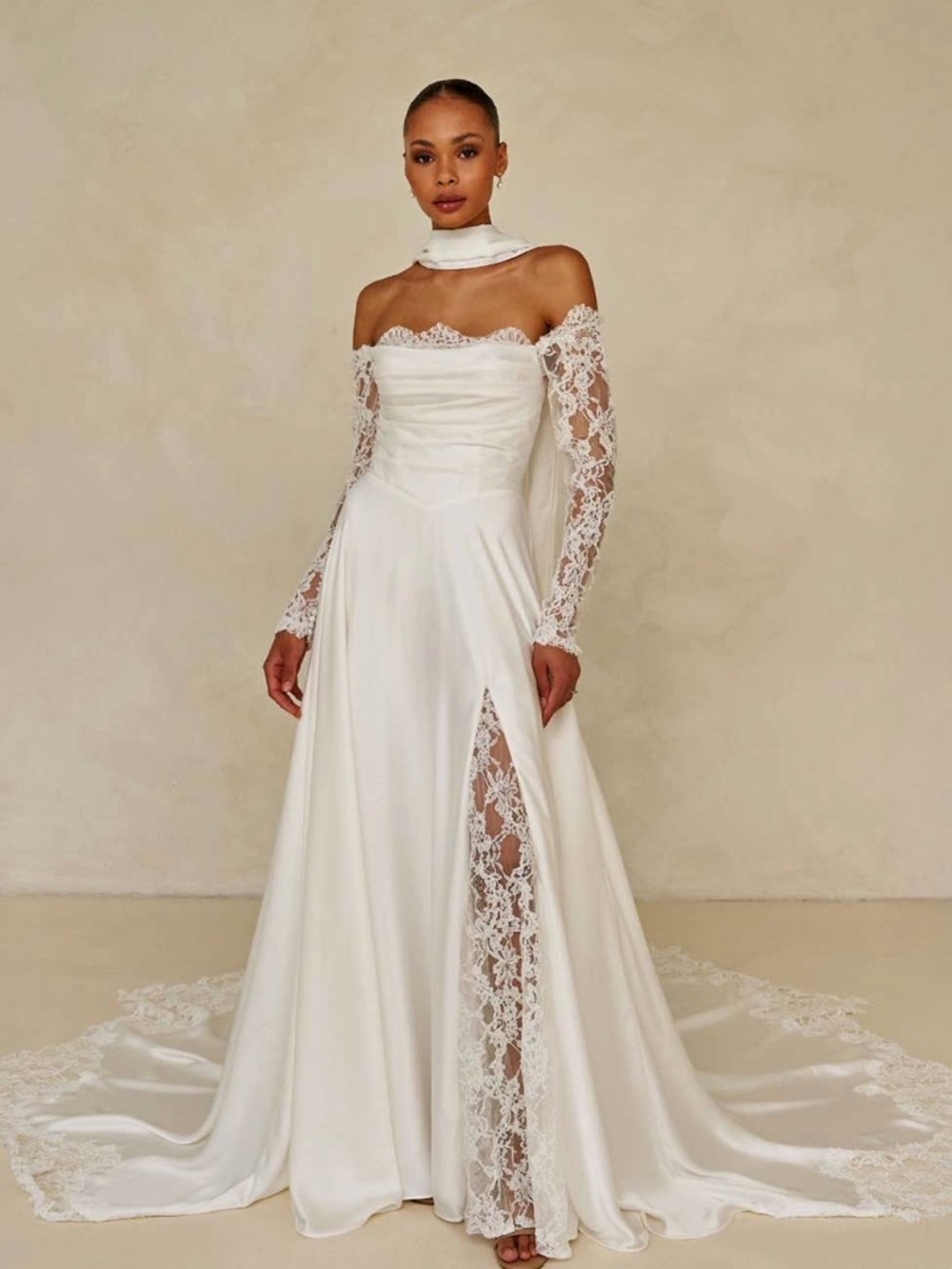 Off-Shoulder Lace Sleeve Bridal Gown in Ivory